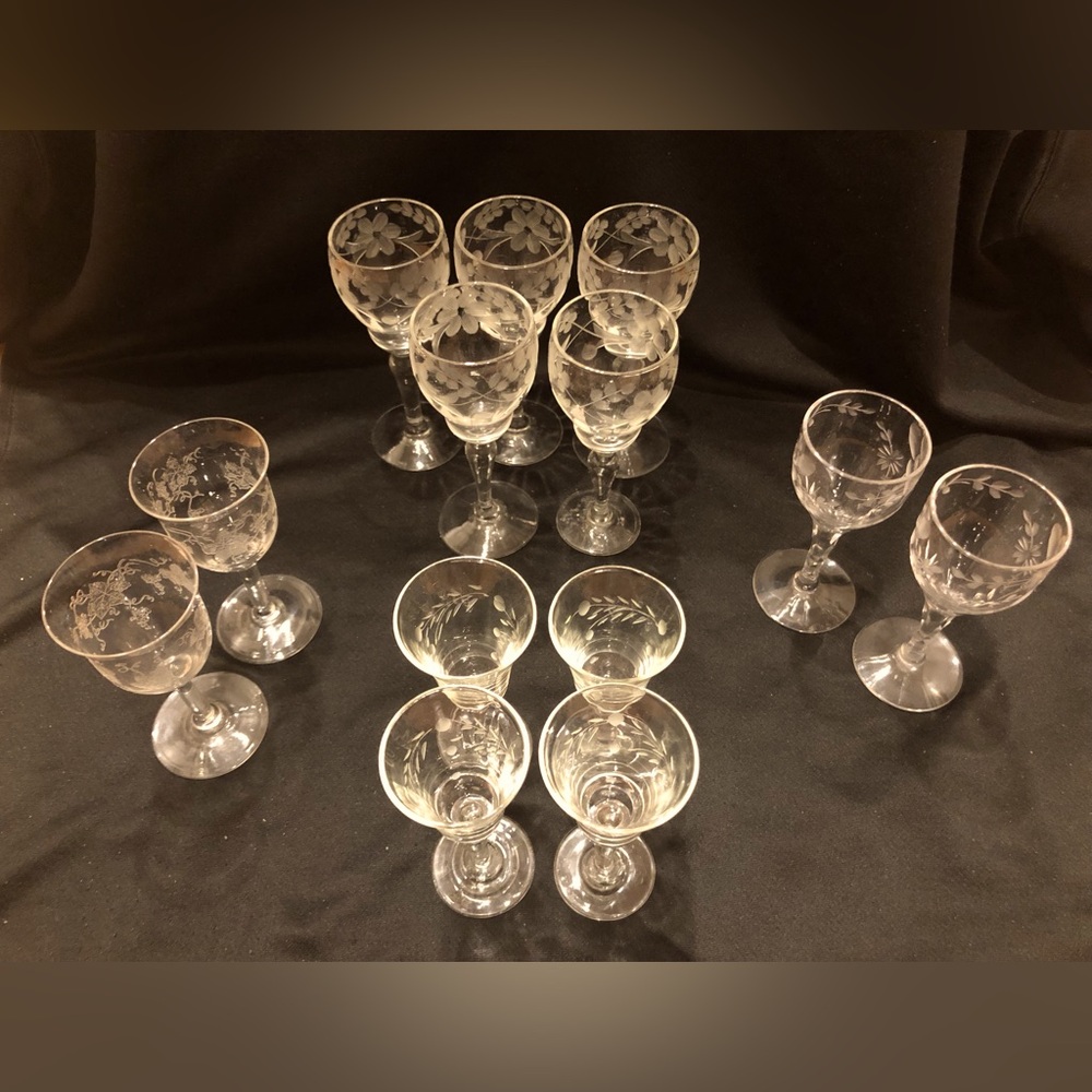 Vintage Etched Cordial Sherry Glasses Bundle